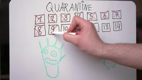 Hand of a young guy writing on a board the time until the end of the quaranti Stock Footage 153877035