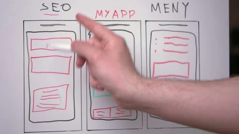 The hand of a young guy is writing on a white board application development Stock Footage 153877108