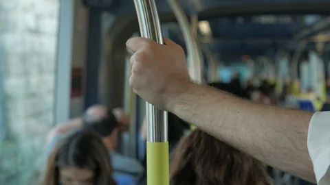 Hand Of Young Man On The Handrail In The Train Stock Footage 94018906