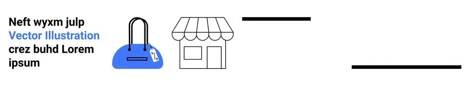 Handbag next to storefront icon accompanied by text and lines. Ideal for eCom Stock Illustration
