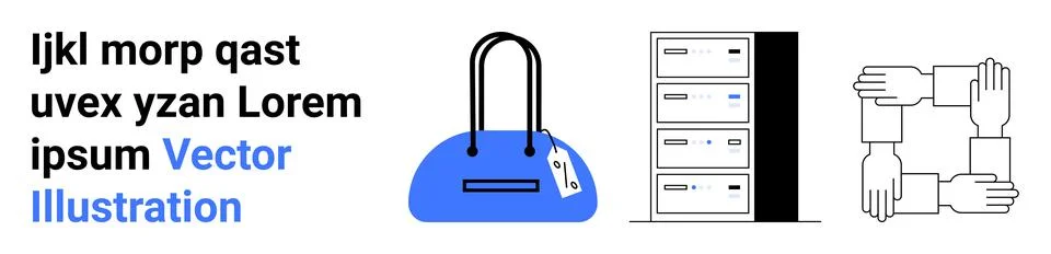 Handbag with price tag, server stack with colored lights, and four clasped ha Illustrazione stock