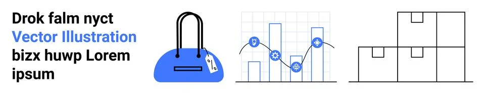 Handbag with tag, data graph with points and lines, and stack of boxes. Ideal Stock Illustration