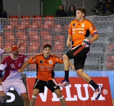 Handball game Motor Zaporozhye vs Kadetten Schaffhausen Stock Photos