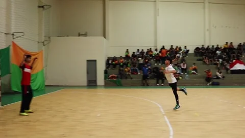 Handball Player Jumping to Shoot During Official Match in Asuncion Paraguay Video stock 336915803