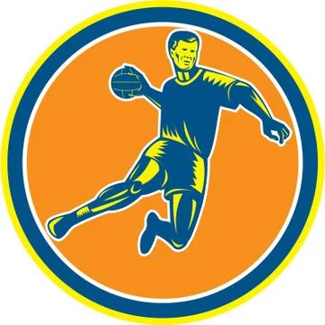 Handball player jumping throwing ball circle woodcut Stock Illustration