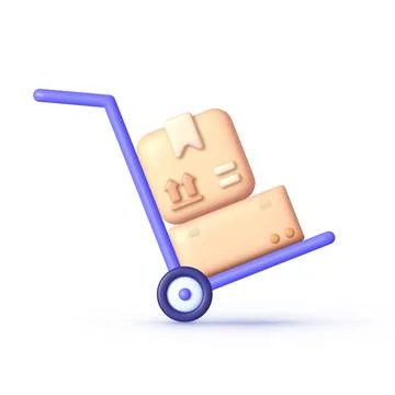 Handcart in 3d style on withe background. Handcart 2 heavy cargo boxes line icon Stock Illustration