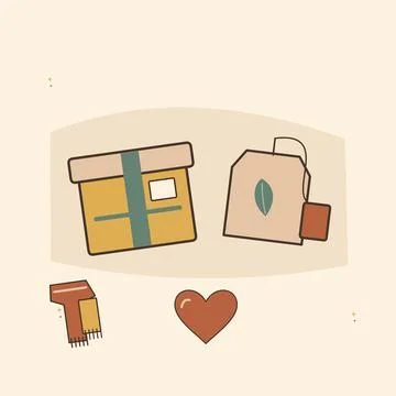 Handcrafted care package with tea and a scarf. Decorative flat vector composi Illustrazione stock