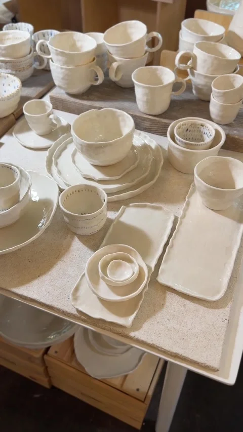 Handcrafted ceramic tableware displayed on a table in a store, showcasing v.. Stock Footage 336208399