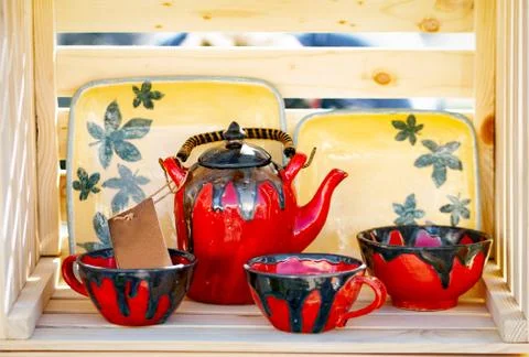 Handcrafted clay tea set Stock Photos