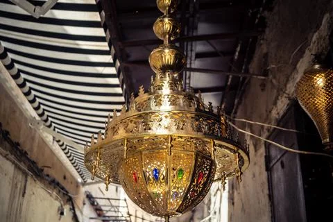 Handcrafted hammered metal objects and artifacts in Fes souk Stock Photos