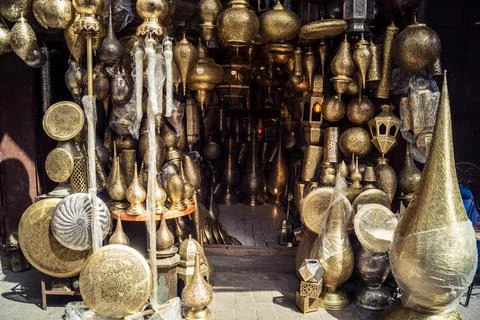 Handcrafted hammered metal objects and artifacts in Fes souk Stock Photos
