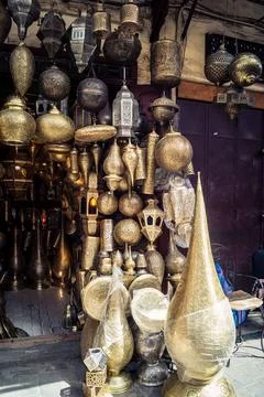 Handcrafted hammered metal objects and artifacts in Fes souk Stock Photos