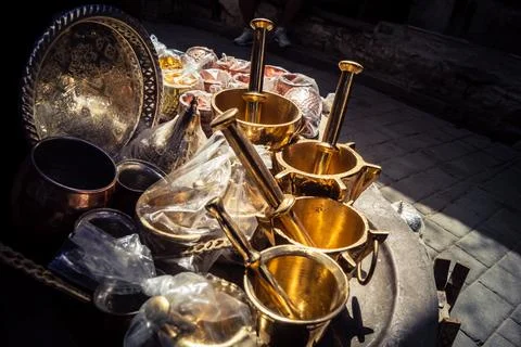 Handcrafted hammered metal objects and artifacts in Fes souk Stock Photos