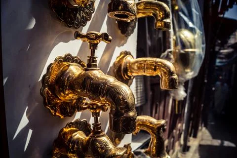 Handcrafted hammered metal objects and artifacts in Fes souk Stock Photos