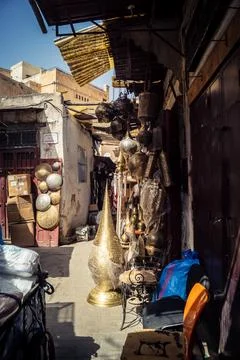 Handcrafted hammered metal objects and artifacts in Fes souk Stock Photos