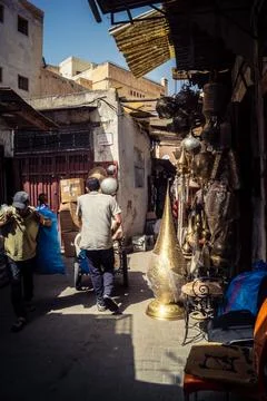 Handcrafted hammered metal objects and artifacts in Fes souk Stock Photos