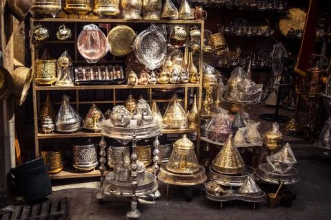 Handcrafted hammered metal objects and artifacts in Fes souk Stock Photos