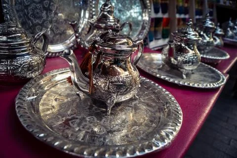 Handcrafted hammered metal objects and artifacts in Fes souk Stock Photos