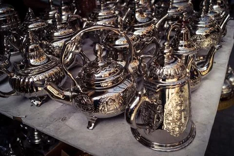 Handcrafted hammered metal objects and artifacts in Fes souk Stock Photos