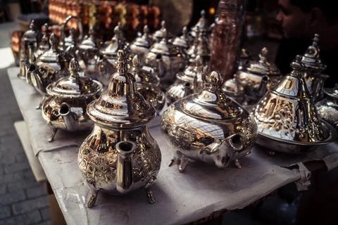Handcrafted hammered metal objects and artifacts in Fes souk Stock Photos