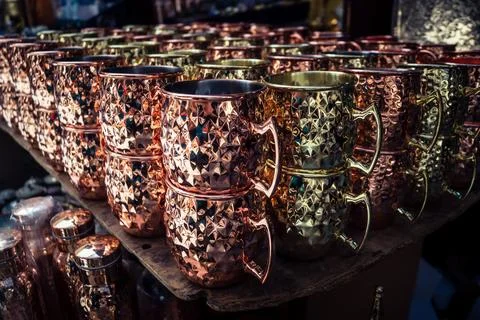 Handcrafted hammered metal objects and artifacts in Fes souk Stock Photos