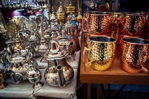 Handcrafted hammered metal objects and artifacts in Fes souk Stock Photos