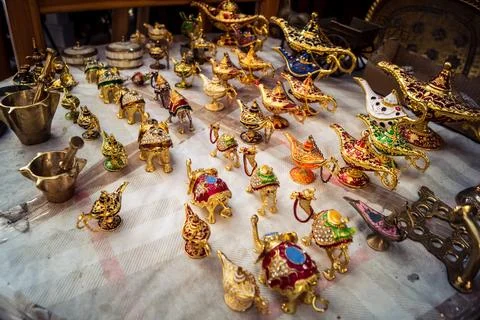 Handcrafted hammered metal objects and artifacts in Fes souk Stock Photos
