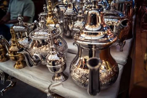 Handcrafted hammered metal objects and artifacts in Fes souk Stock Photos