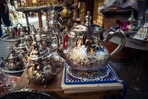 Handcrafted hammered metal objects and artifacts in Fes souk Stock Photos
