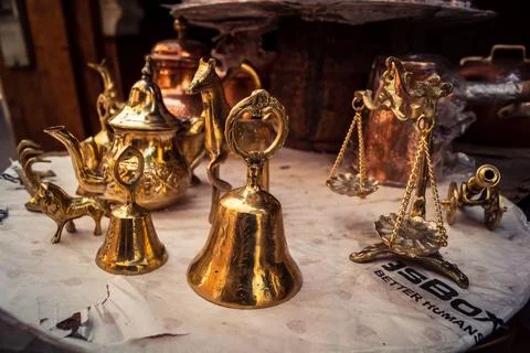 Handcrafted hammered metal objects and artifacts in Fes souk Stock Photos
