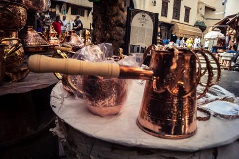 Handcrafted hammered metal objects and artifacts in Fes souk Stock Photos