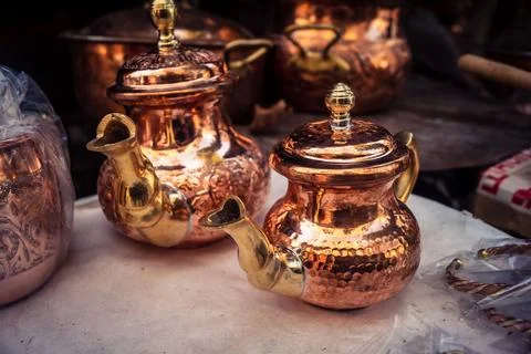 Handcrafted hammered metal objects and artifacts in Fes souk Stock Photos