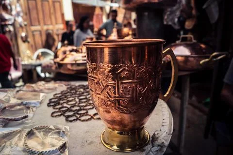 Handcrafted hammered metal objects and artifacts in Fes souk Stock Photos