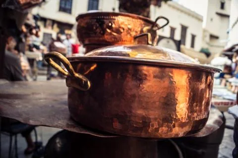Handcrafted hammered metal objects and artifacts in Fes souk Stock Photos