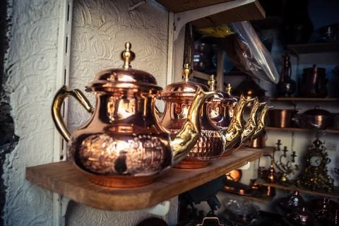 Handcrafted hammered metal objects and artifacts in Fes souk Stock Photos