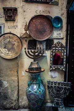 Handcrafted hammered metal objects and artifacts in Fes souk Stock Photos