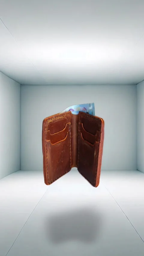 Handcrafted Leather Wallet Floating and Rotating in Air - 3D Product Showcase Stock Footage 283843440