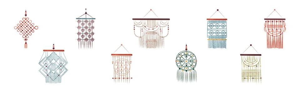 Handcrafted Macrame Lace Ornament with String Vector Set Stock Illustration