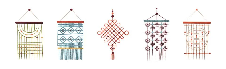 Handcrafted Macrame Lace Ornament with String Vector Set Stock Illustration