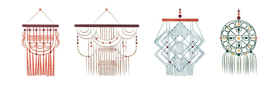 Handcrafted Macrame Lace Ornament with String Vector Set Stock Illustration