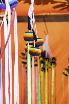 Handcrafted objects for juggling and spectacle, detail of fire and fun, circu Stock Photos