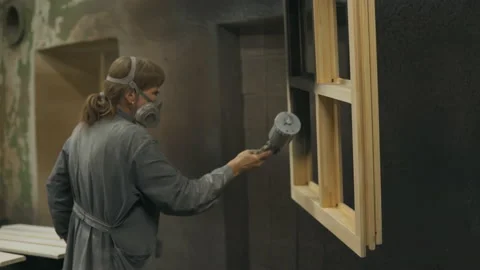 Handcrafted Window Frame Coloring Process By Artisan With Paint Spray Gun Stock Footage 208422985