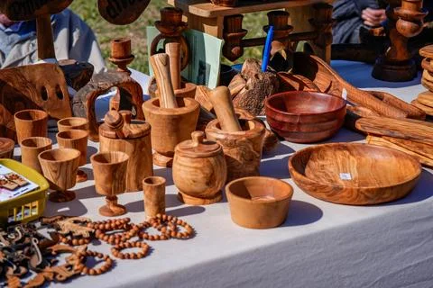 Handcrafted Wooden Tableware in Local Gift Shop Stock Photos