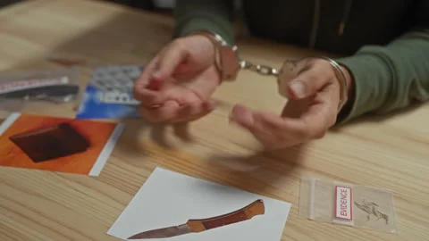 Handcuffed man surrounded by evidence in a simulated police investigation s.. 動画素材 271083728