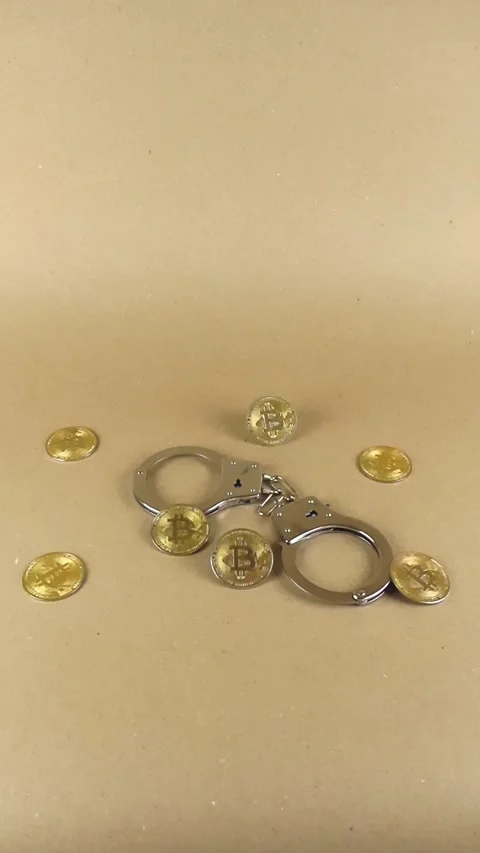 Handcuffs and bitcoin coins conceptualizing cryptocurrency crime Stock Footage 346022234