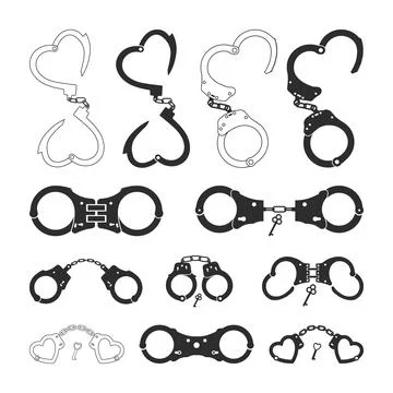 Handcuffs and Keys Elements Set Silhouette, Crime handcuffs graphic element Stock Illustration