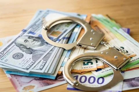 Handcuffs and a large amount of different currencies scattered on the table.. Foto stock