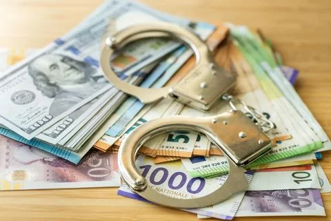 Handcuffs and a large amount of different currencies scattered on the table Stock Photos