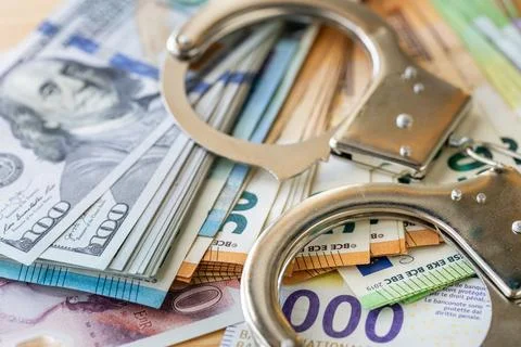 Handcuffs and a large amount of different currencies scattered on the table Foto stock