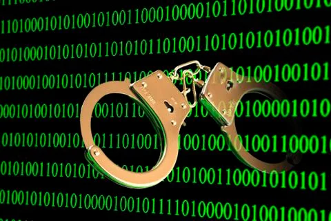 Handcuffs with binary code symbol image of computer criminality 写真素材